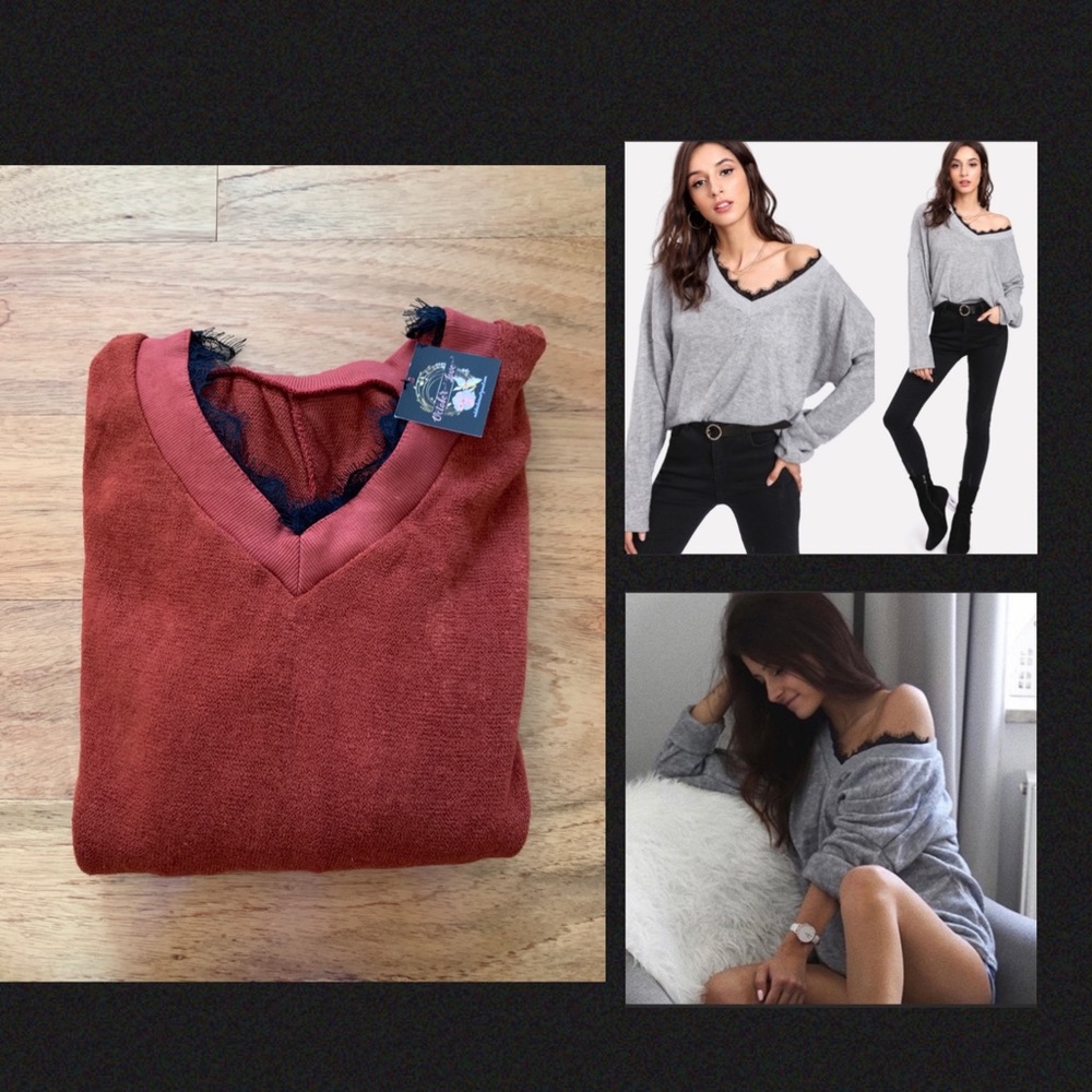 Rust colored sweater with black lace detail